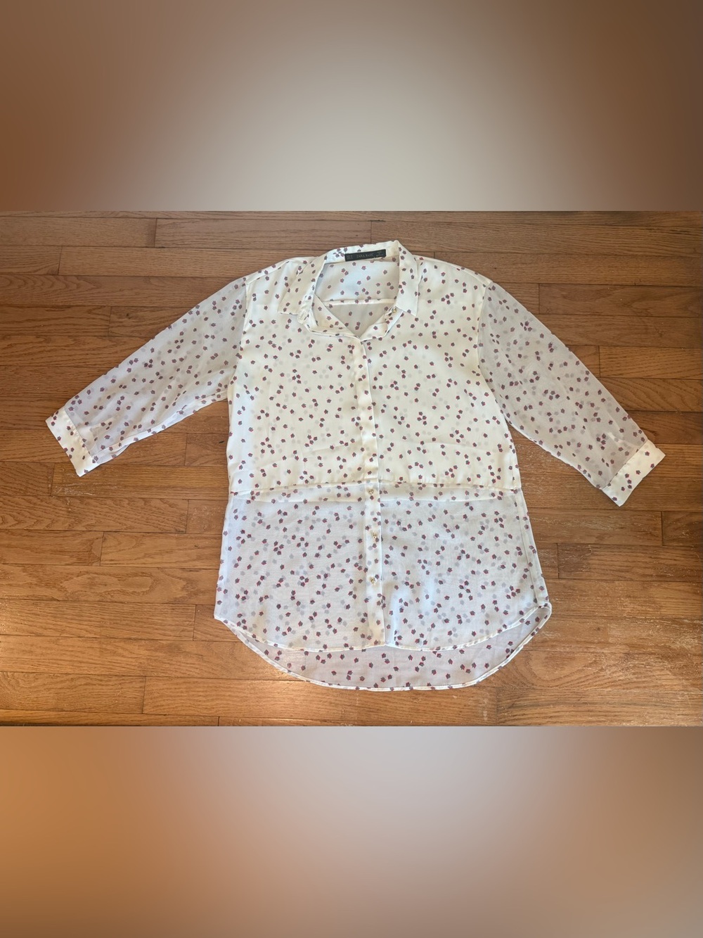 Zara Basic Top Womens Medium White 3/4 Semi Sheer Sleeve Button Up